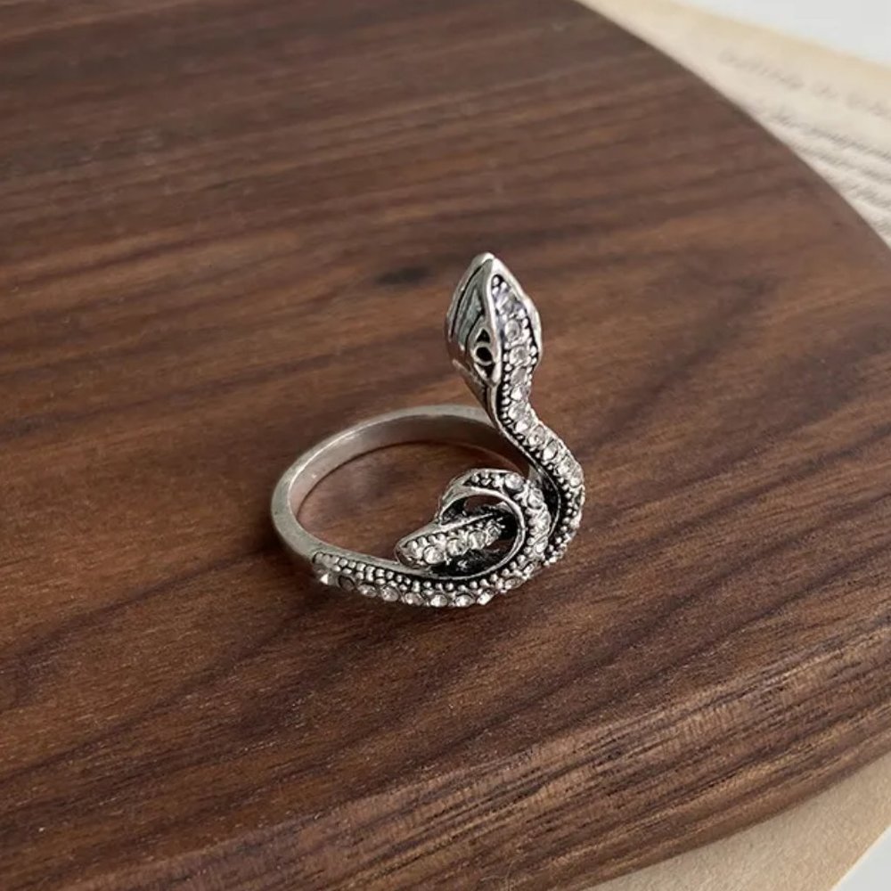 Intricate Coiled Snake Serpent Ancient Silver & CZ Diamonds Streetwear Ring NEW